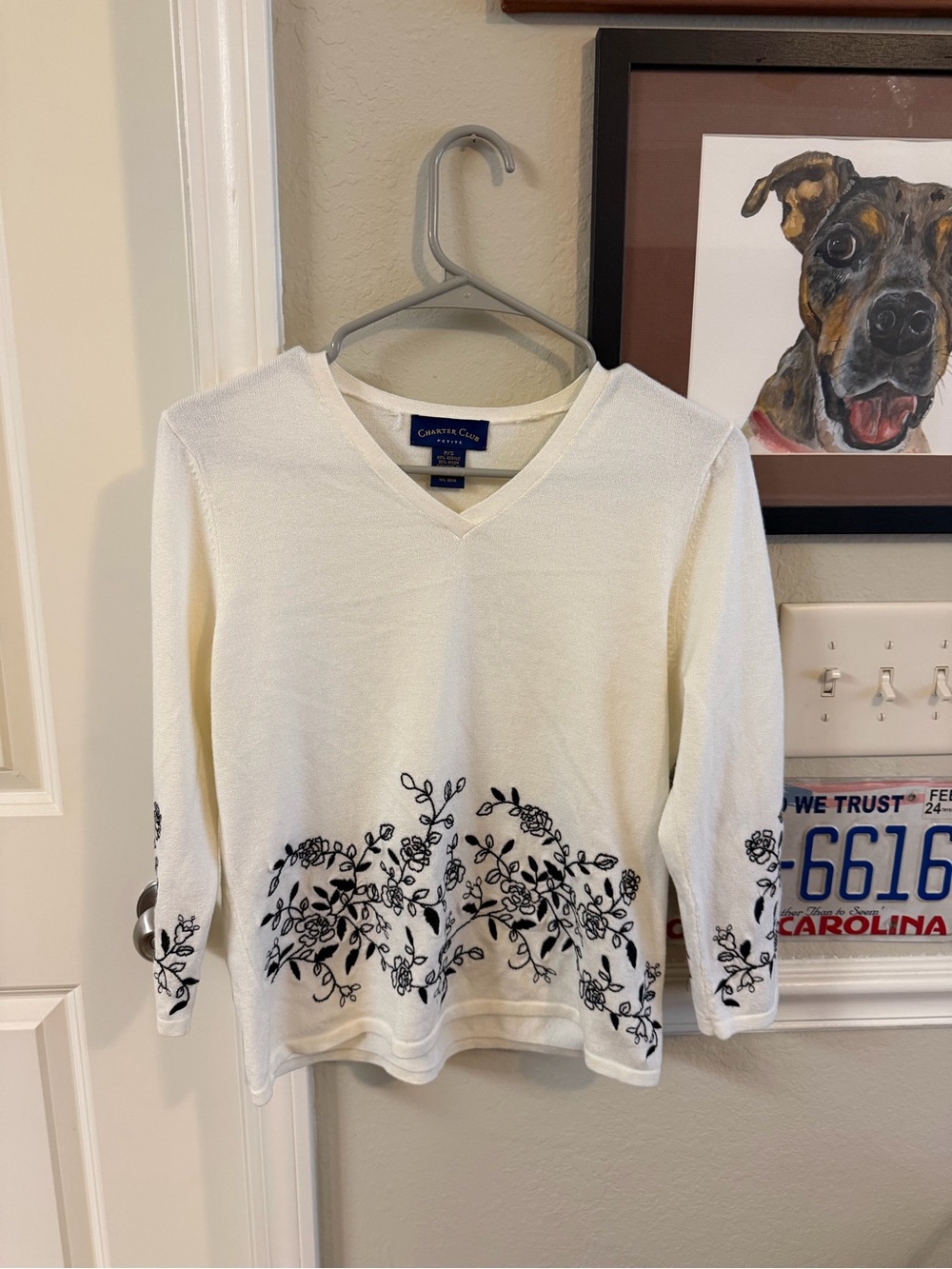 Charter Club White V-Neck Sweater with Navy Floral Embroidery